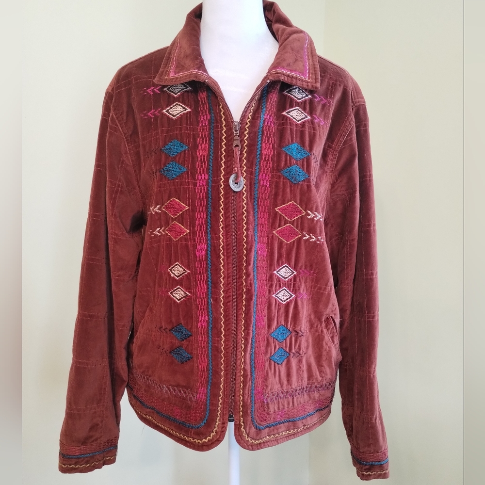 Coldwater Creek Women's Embroidered Velvet Southwestern Boho Aztec Jacket Sz PXL